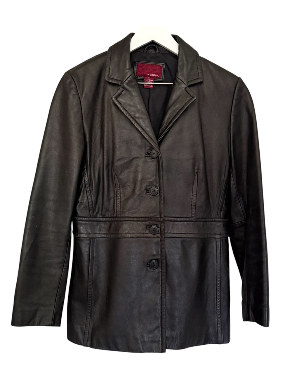 Merona Womens Y2K Black Genuine Leather Blazer Jacket Size Medium Button Front